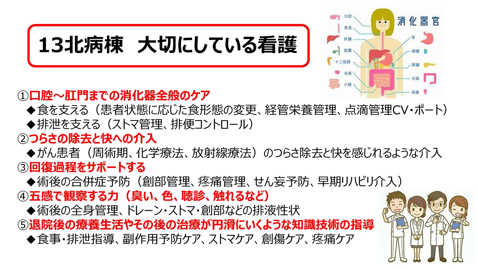 13階北病棟 消化器外科、内分泌外科が大切にしている看護。口腔から肛門までの消化器全般のケア、つらさの除去と快への介入、回復過程のサポート、五感を活用した観察力、退院後の療養生活と治療継続のための知識技術指導