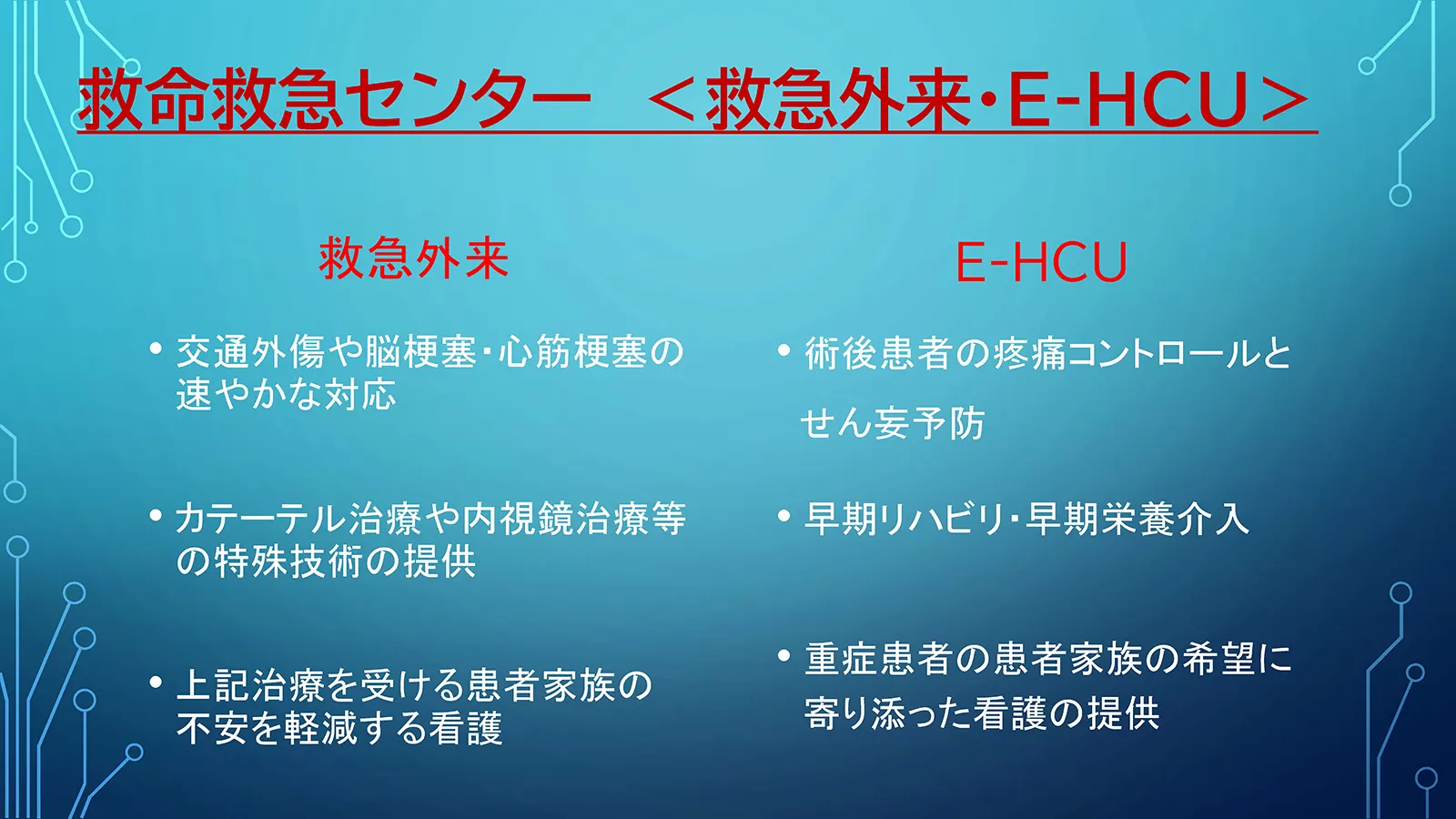 2階 救急外来、E-HCUが大切にしている看護。救急外来では交通外傷や脳梗塞・心筋梗塞への迅速対応や特殊技術の提供、患者家族の不安軽減、E-HCUでは術後患者の疼痛コントロールとせん妄予防、早期リハビリと栄養介入、重症患者家族への寄り添い支援
